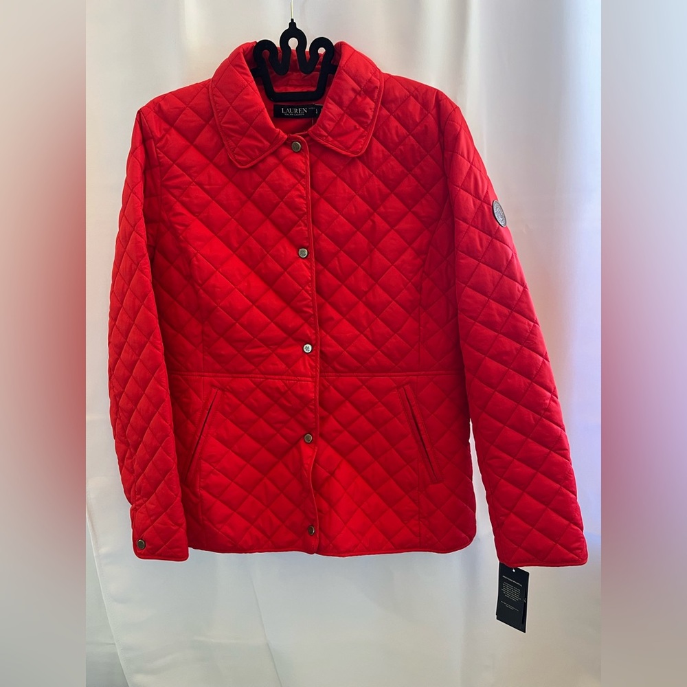 Ralph Lauren Quilted Jacket Women’s L Coral Red Snap Front Coat NWT